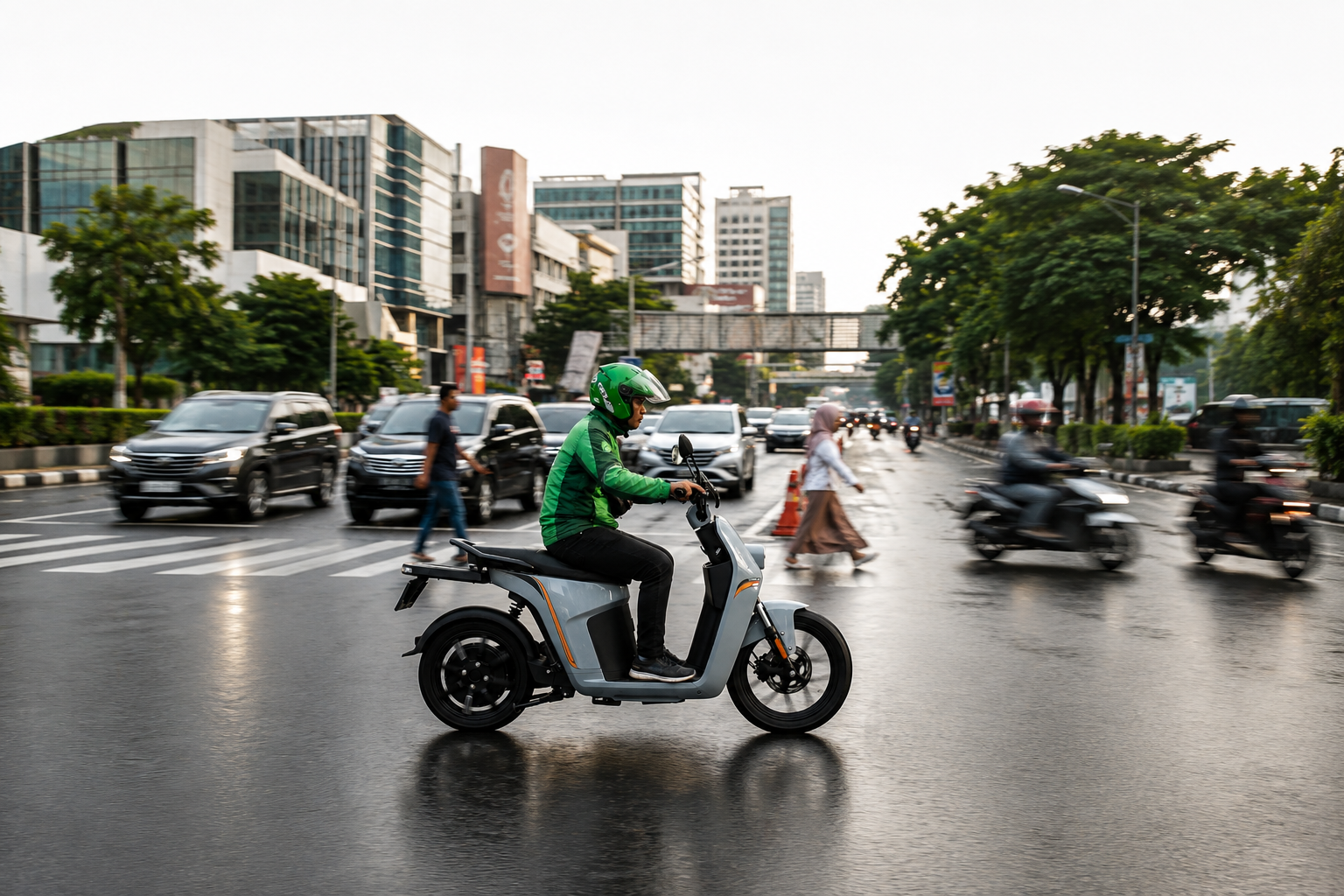 Rider on a grey electric scooter crossing a city street