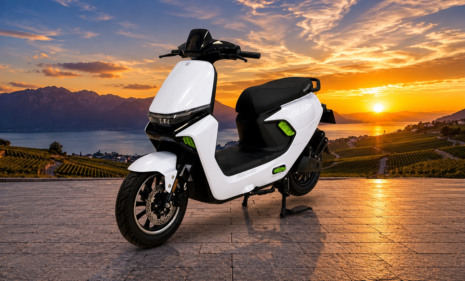 White electric scooter at sunset
